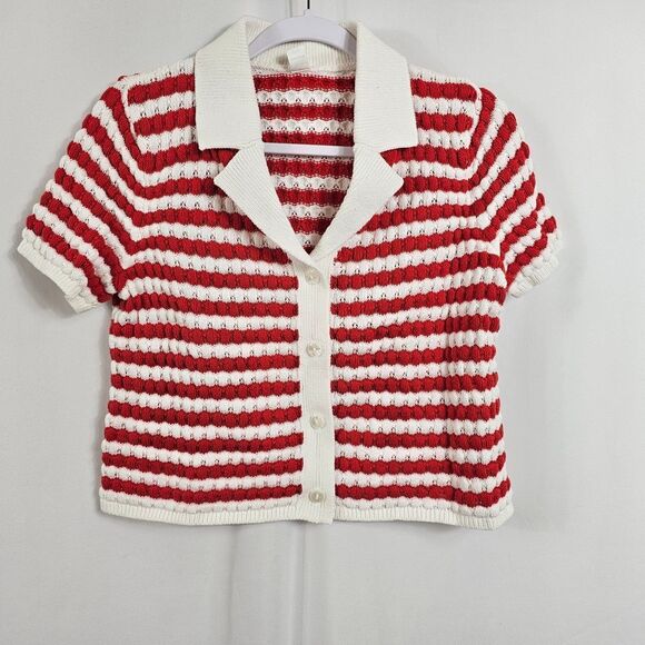 Sweaters - Old Navy Button Down Crochet Sweater in Red Stripe - Size M
